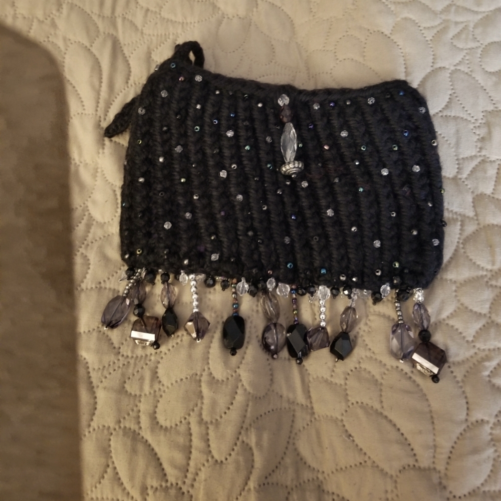 Boho Black and silver beaded clutch bag